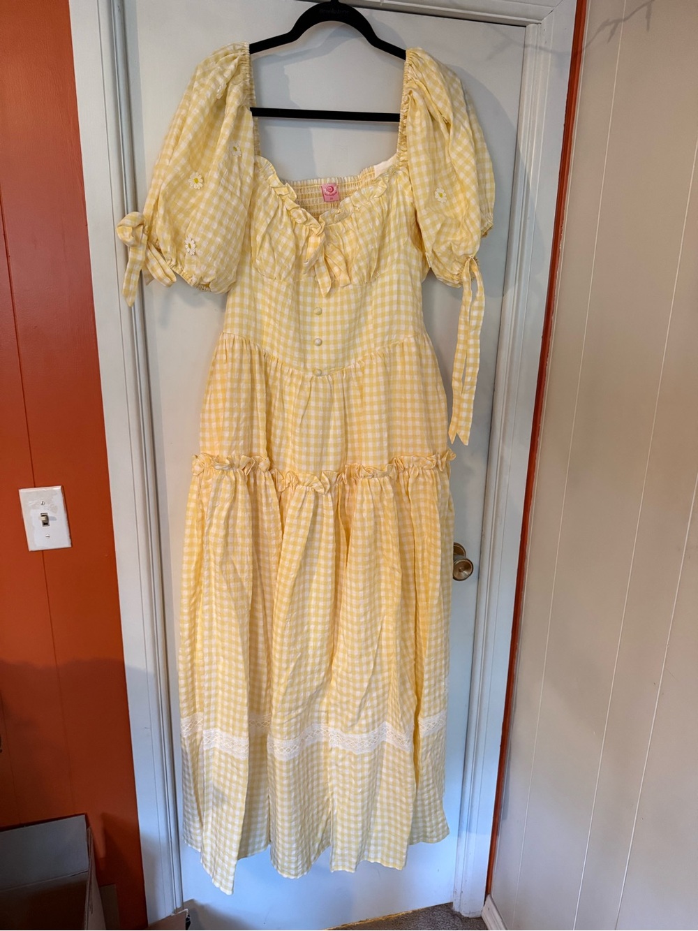 Yellow Gingham Puff-Sleeve Midi Dress with Tie Details